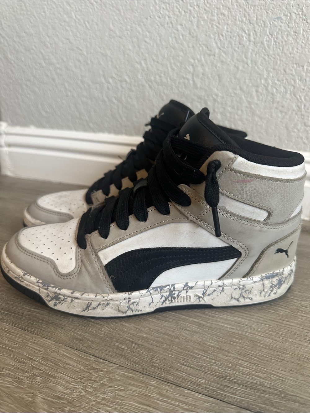 Puma Big Kids Rebound Layup High Top Sneakers Marble Black White Gray Size 6